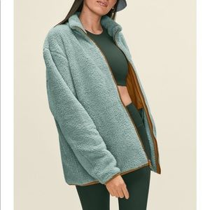 girlfriend collective Mint Green Teddy Jacket with Tan Trim